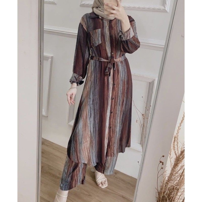 ONE SET WIDIE SETELAN TUNIK + CELANA MOTIF KAYU AESTHETIC BAHAN RAYON PREMIUM DAN TERMURAH