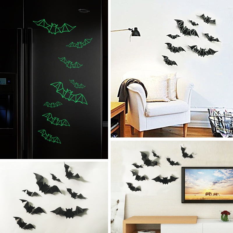 12 Pcs Stiker Dinding 3D Desain Kelelawar Hitam Luminous Tahan Air Untuk Dekorasi Pesta Halloween