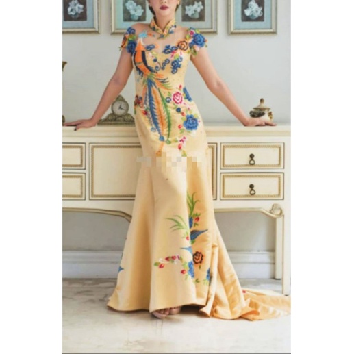 Gaun Cheongsam kuning Phoenix angsa (Dress Baju Tingjing, Tunangan, Pesta, Ulang Tahun)