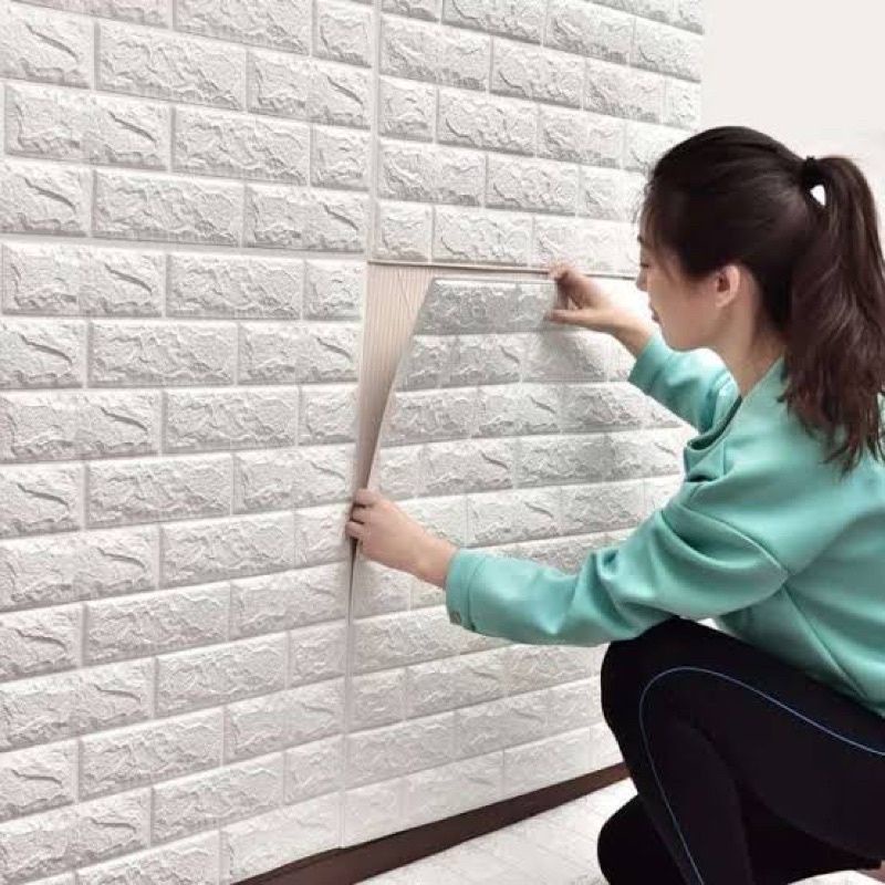 wallpaper dinding 3D foam motif bata warna putih