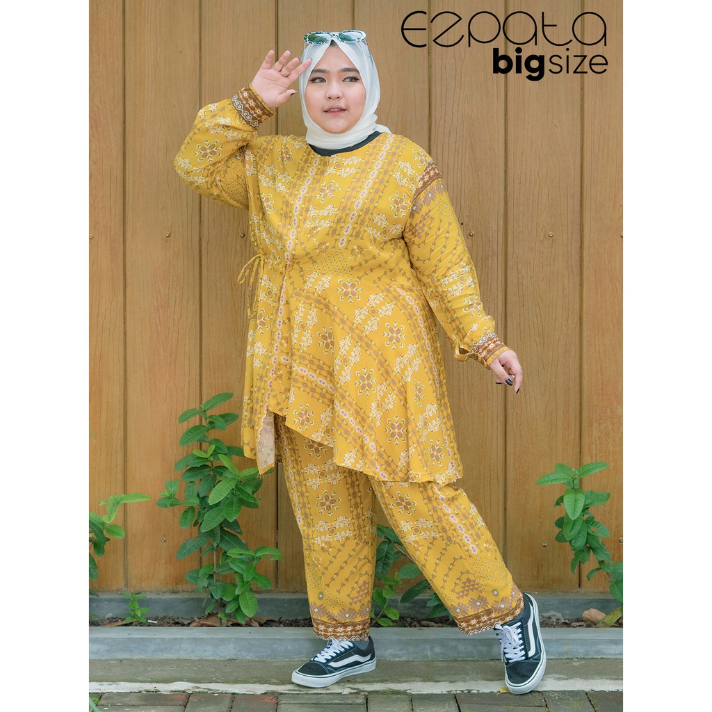 Ezpata Setelan Daily Outfit Mazel Jumbo Bigsize Motif Etnik Pinggang Serut Resleting Depan Busui Friendly Lengan Kancing