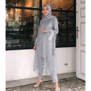 stelan baju celana kondangan pesta set kebaya brokat wanita modis 2021 - Abu-abu