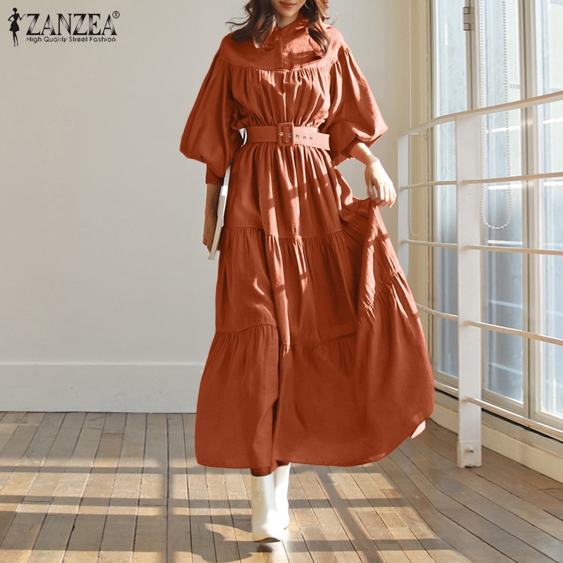 ZANZEA Women Casual Long Puff Sleeve With Belted Collared Maxi Dress