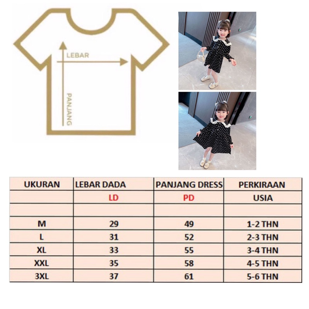 FILOBEE DRESS ANAK PEREMPUAN/DRESS POLKADOT HITAM/MODEL KERAH BULAT TEMPEL RENDA