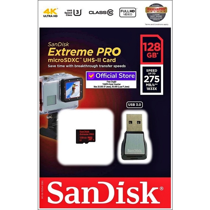 Sandisk Micro SDXC 128GB Extreme Pro 275Mb/s U3 4k + Card Reader
