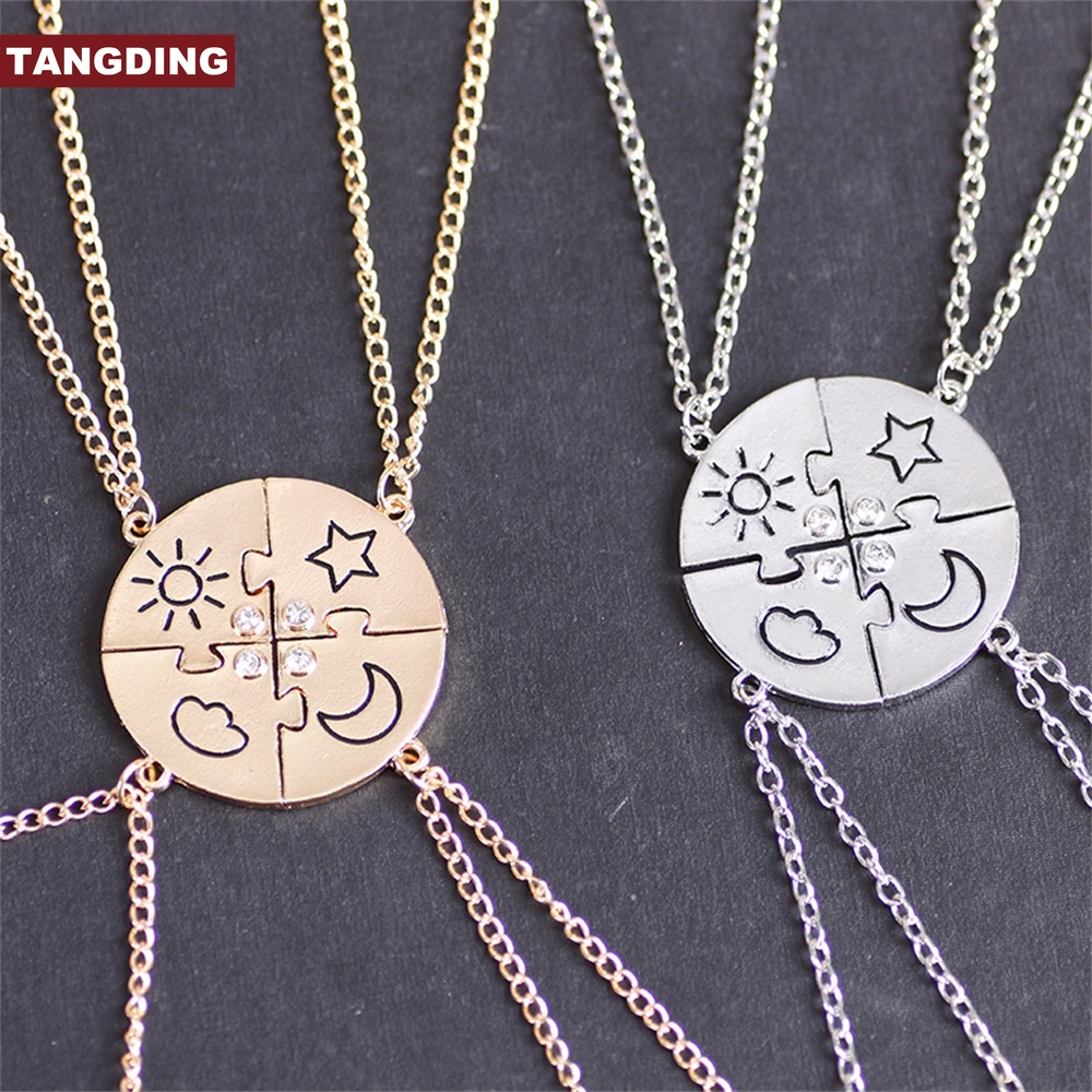 【COD Tangding】4pcs / Set Kalung Persahabatan Liontin Matahari Bulan Awan Bintang Aksen Berlian Imitasi