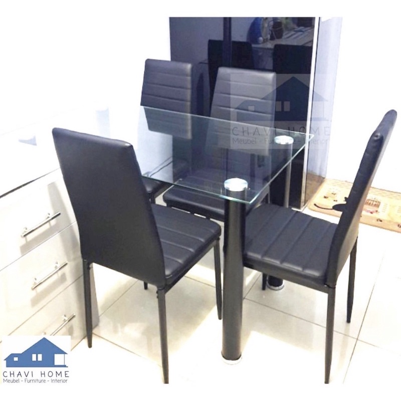 Meja makan hitam minimalis besi dengan 4 kursi hitam