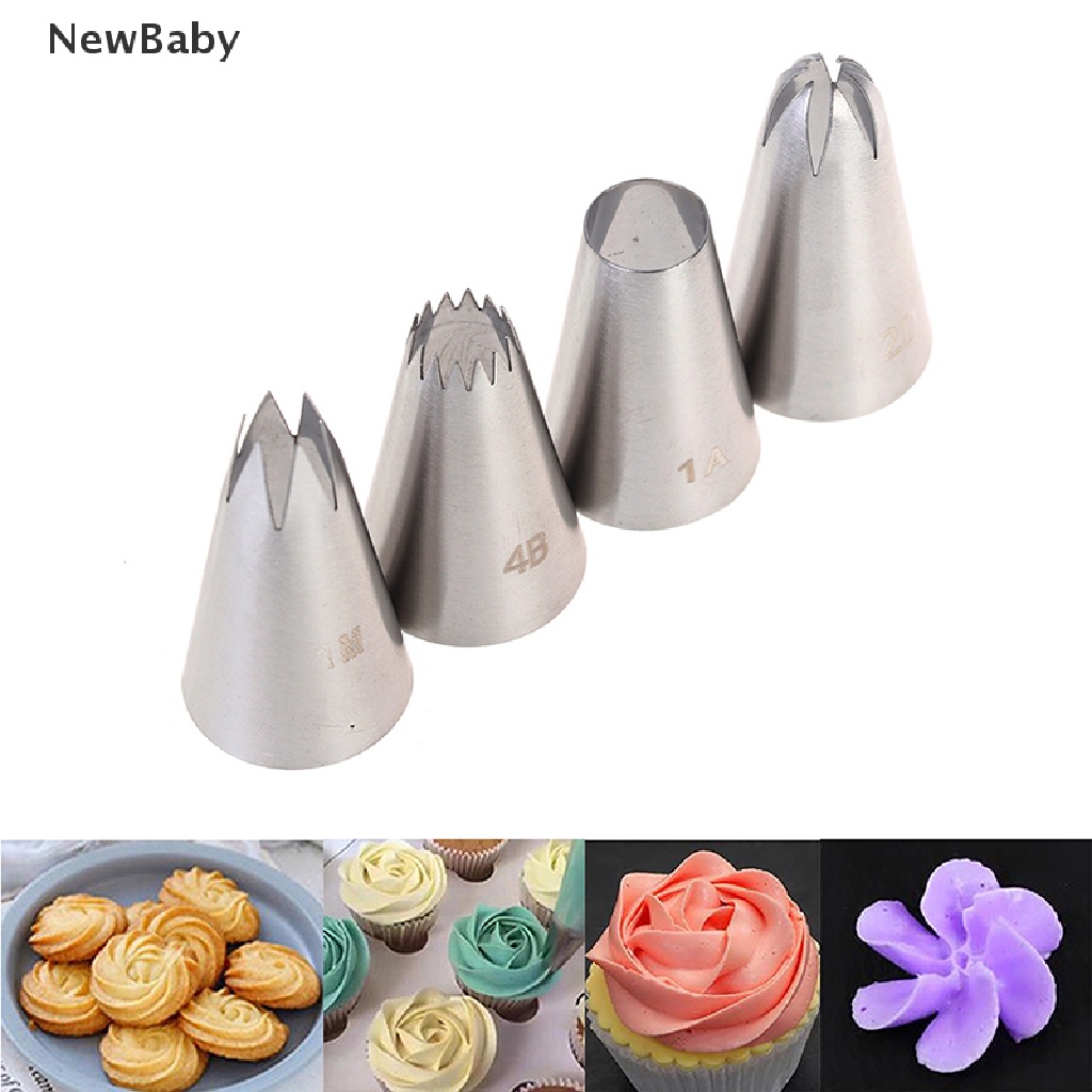Newbaby 4Pcs / Set Spuit Piping Bahan Stainless Steel Ukuran Medium Untuk Dekorasi Kue