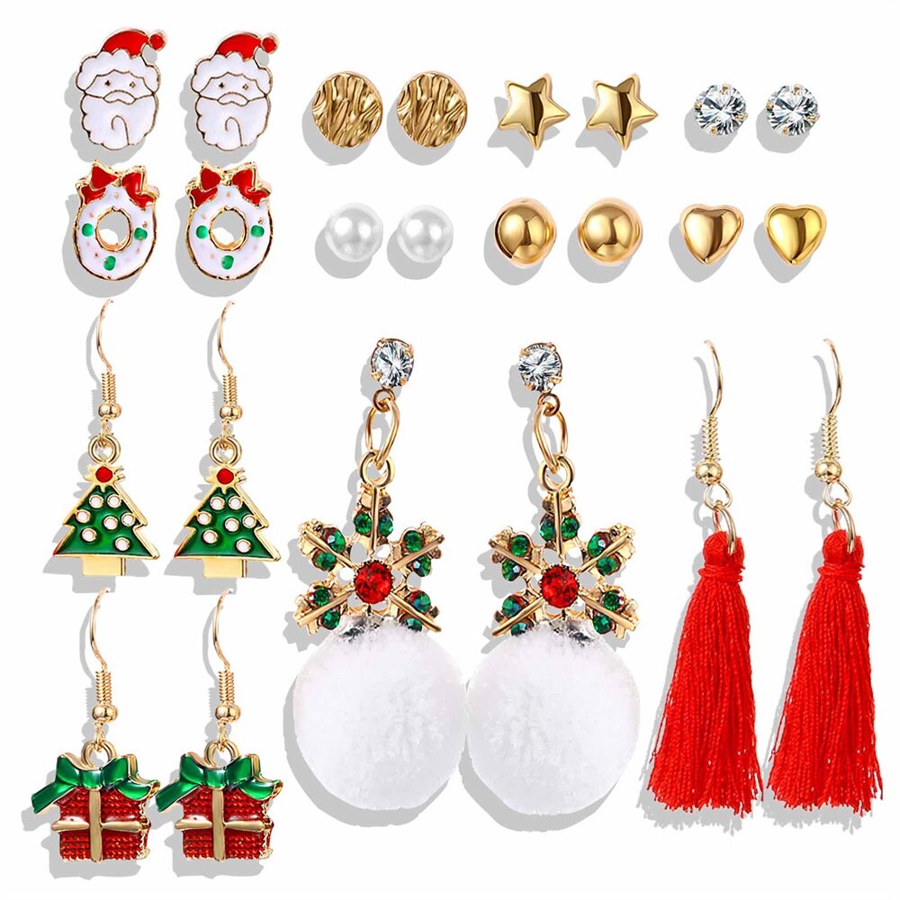 12pcs / Set Anting Rumbai Mutiara Desain Santa Claus Rusa Pohon Natal Untuk Wanita