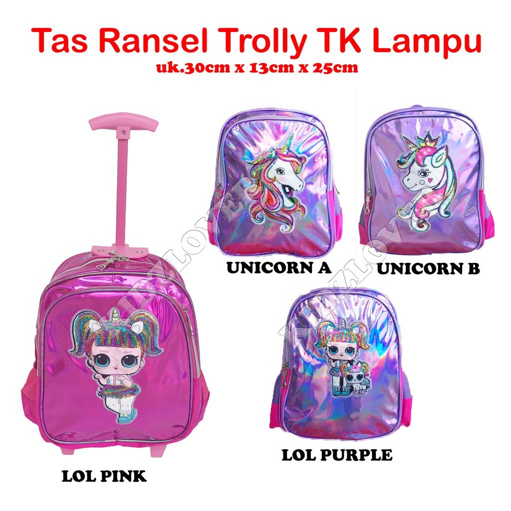 Tas Hologram Lampu Koper Ransel Anak Sekolah TK/PAUD Trolley Dorong Troli