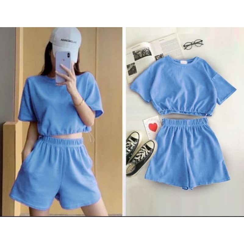 A116 Setelan Crop Polos, Setelan Wanita, Crop top, Short Pants, Setelan Crop Korea