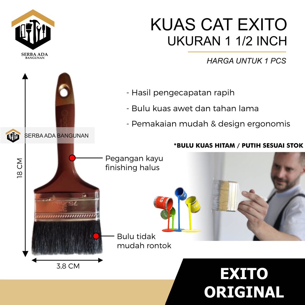 Kuas cat bulu hitam putih 1,5&quot; 2&quot; 2,5&quot; 3&quot; 4&quot; inch kuas cat tembok EXITO 100% ASLI murah bagus bulu lembut tebal