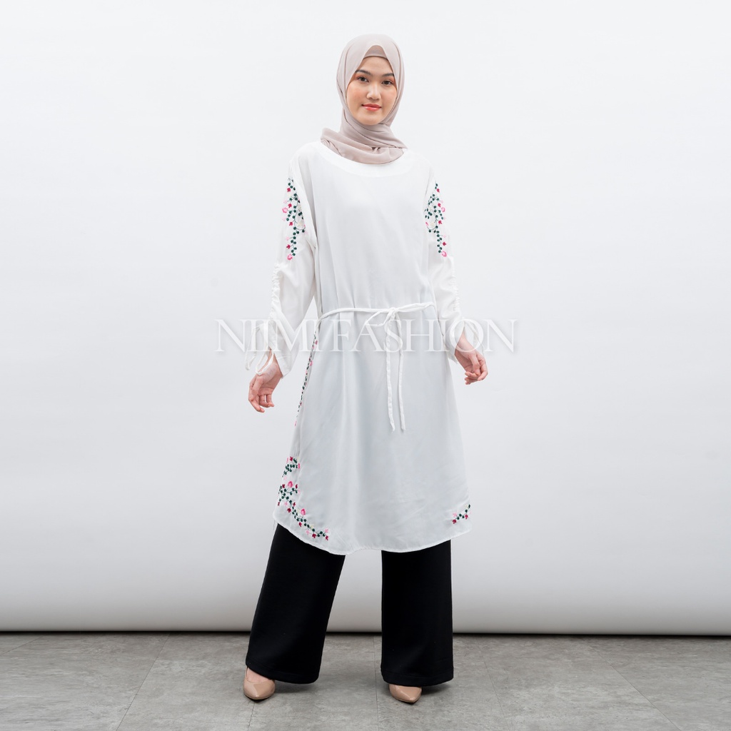 NIMI - Nadine Blouse Putih Midi Dres Putih Bordir Premium Atasan Long Tunik Putih Jumbo Bordir