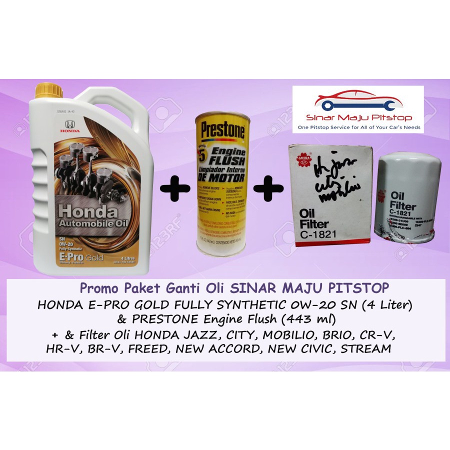 Paket Ganti Oli HONDA E-PRO GOLD 0W-20 SN Original 4 Liter & Engine Flush & Filter Mobil HONDA JAZZ 