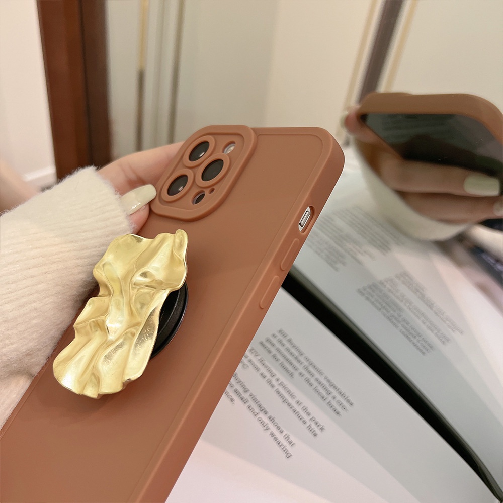 IPHONE Casing Ponsel Bahan Silikon Lembut Dengan Rak Bahan Metal Coklat Untuk Iphone7 8 PLUS XR XS 11 12 13 14 Mini PRO MAX SE 2020