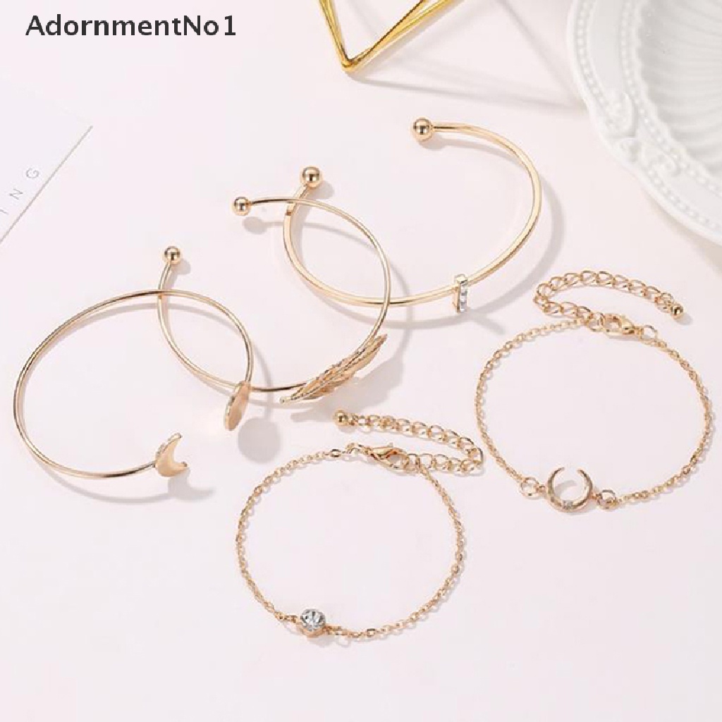 (AdornmentNo1) 5pcs / set Gelang Tangan Terbuka Gaya Bohemian Motif Daun + Bulan + Hollow Untuk Perhiasan Wanita / Pantai