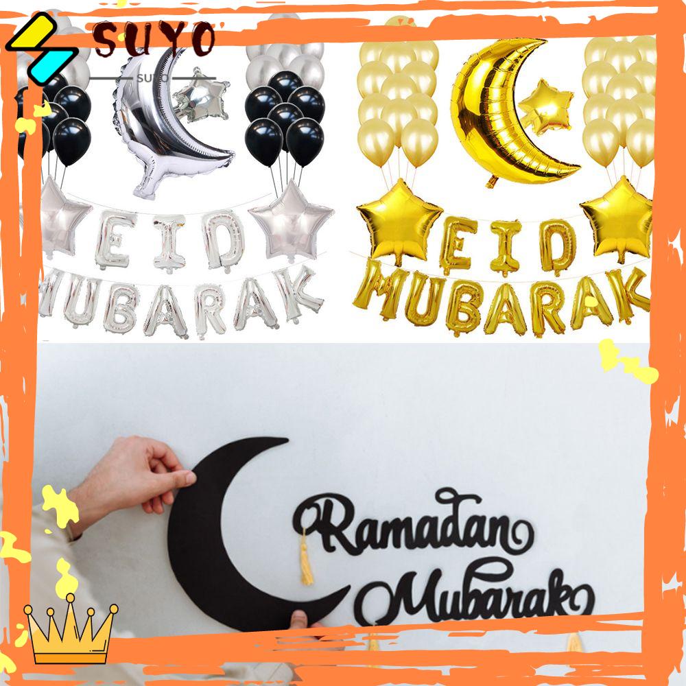 Suyo 37 / 38pcs / Set Balon Foil Motif Eid Mubarak + Bulan + Bintang Untuk Dekorasi Pesta / Festival