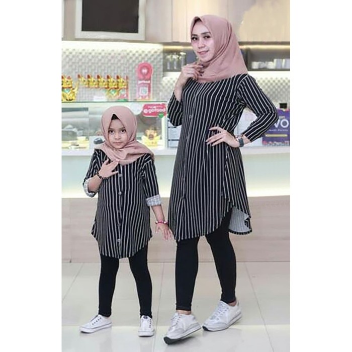 MK TUNIK STRIPE HTM FT COUPLE TUNIK IBU ANAK KATUN HITAM BAHAN BERKELAS