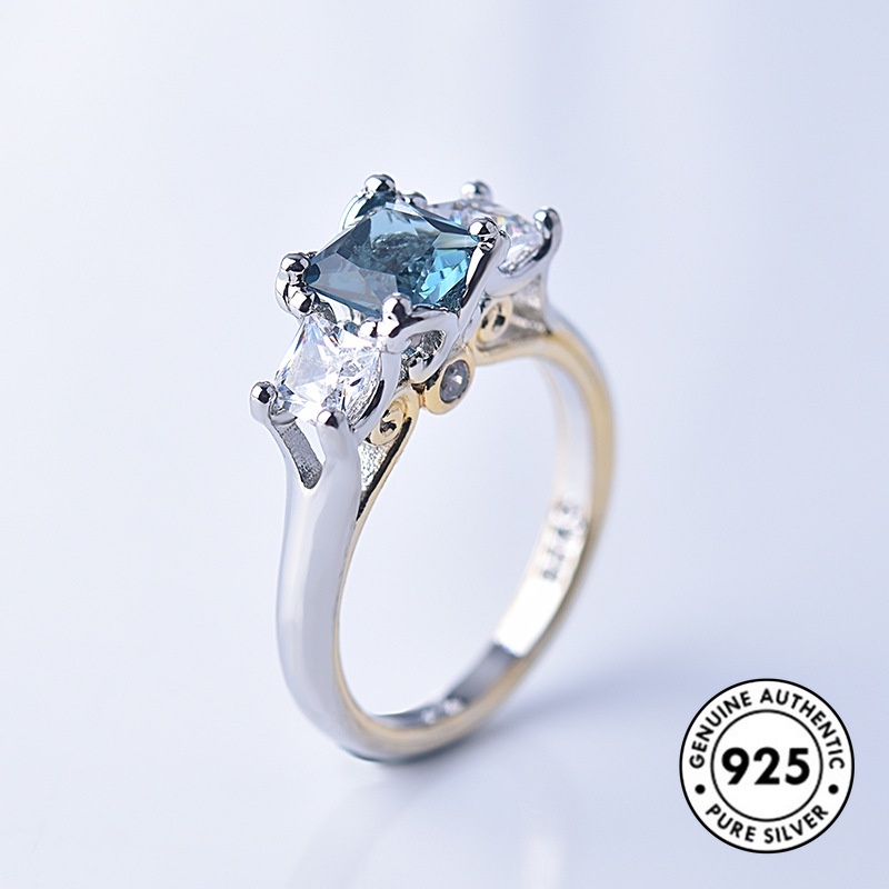 Cincin Lapis Silver 925 Dengan Batu Permata Biru Bentuk Kotak Untuk Wanita