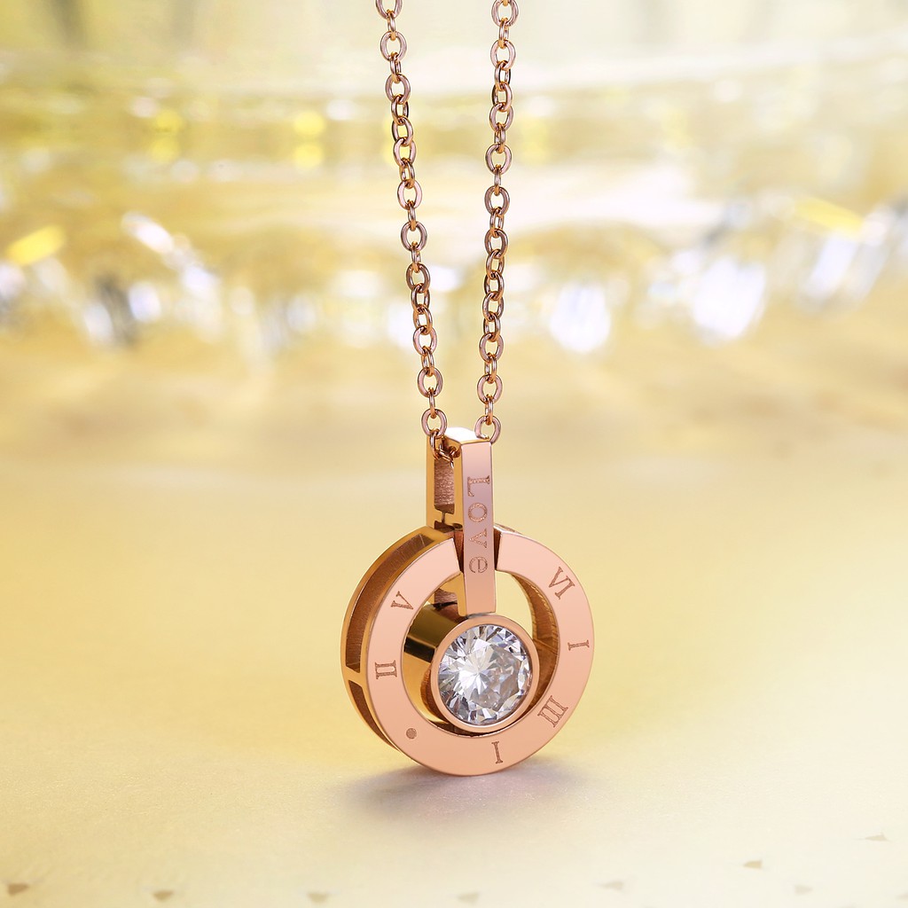  Kalung  Titanium Korea Rose  Gold  Lingkaran Romawi Batu 