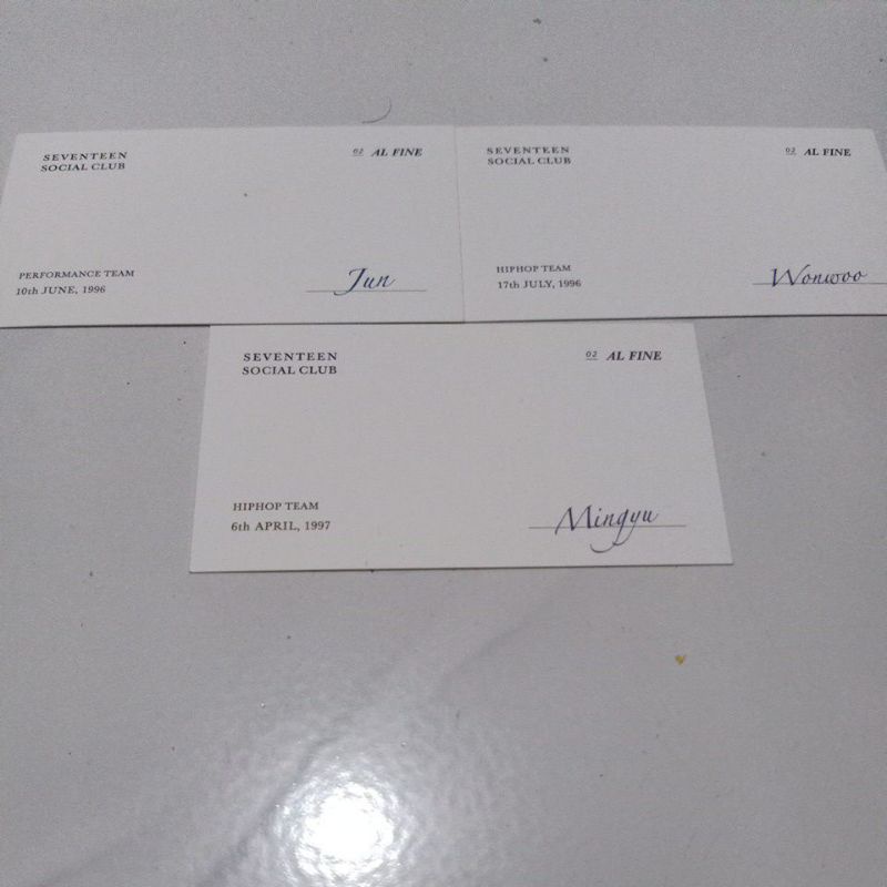 member name card photobook social club seventeen al fine wonwoo, mingyu, jun