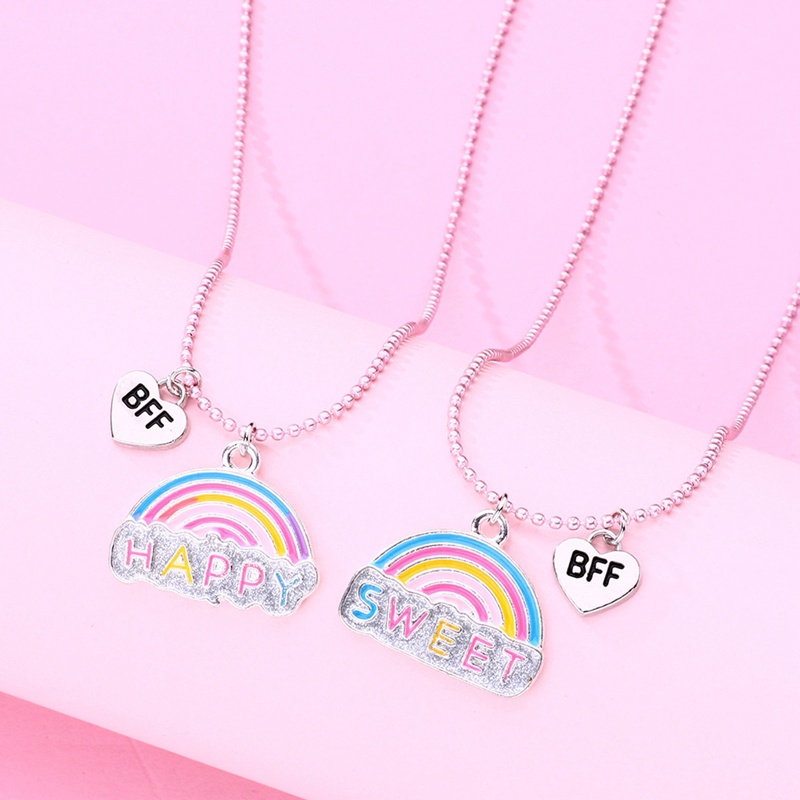 2pcs / Set Kalung Rantai Liontin Tulisan Happy Best Friends Warna Pelangi Untuk Anak Perempuan