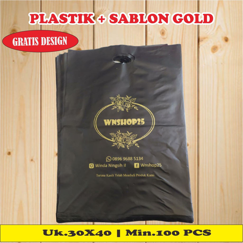 Plastik Packing Olshop Plastiik Plong Sablon Gold / Emas ukuran 30X40 Custom Desain