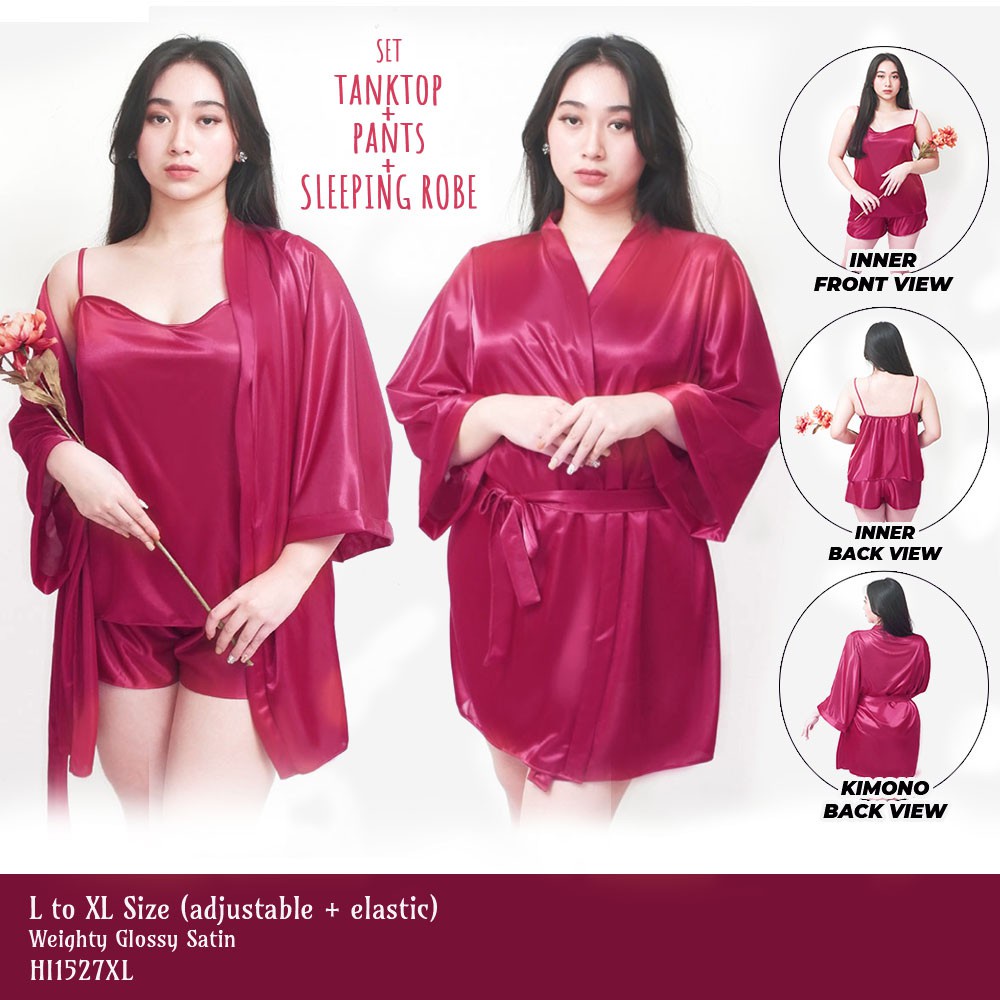 kimono set tanktop celana satin maroon big size jumbo
