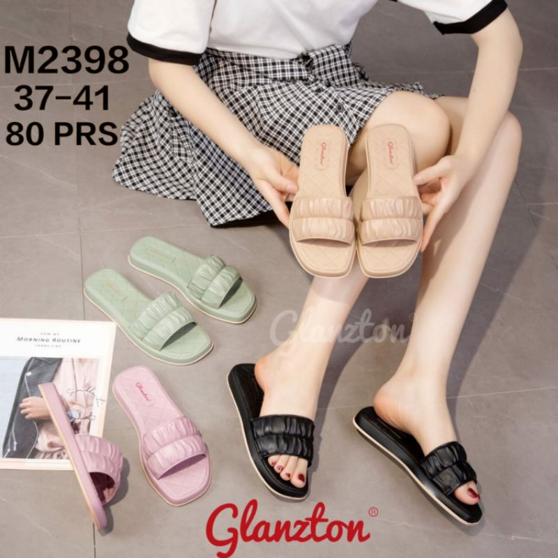 M2398 Sandal Glanzton Selop Motif Kerut Wanita Karet Sendal Slop Cewek Jelly Perempuan Kokop Impor Cantik Murah Kekinian Glanston Glaston M 2398 Import