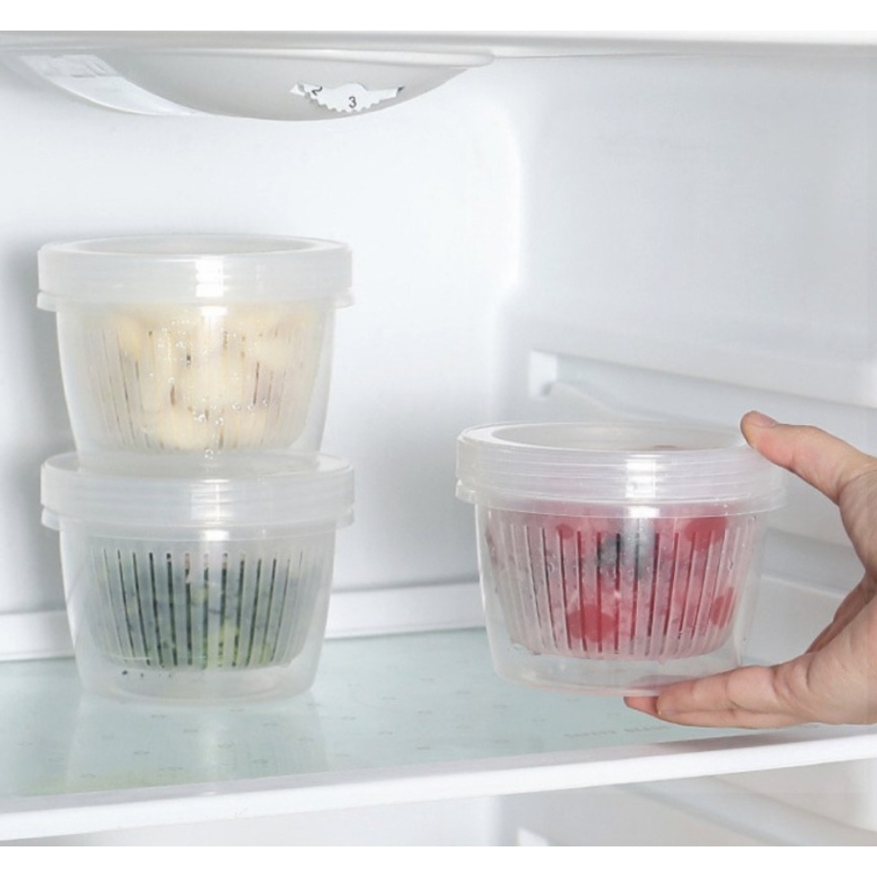 UNIK88 Toples Bulat Saringan Tirisan Air Tempat Simpan Makanan Bawang Buah Sayur Cabe Cabai Praktis Tiris Untuk Kulkas Kedap Udara