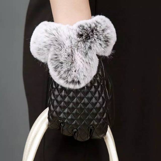 Winter Autumn Woman PU Leather with Faux Fur Gloves Sarung Tangan Wanita Musim Dingin Kulit PU