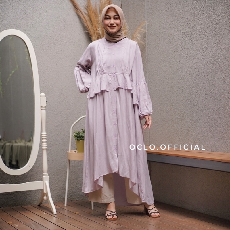 Oclo Randini Midi Dress Basic Casual Atasan Tunik Wanita Crinkle Lengan Panjang OCL00672