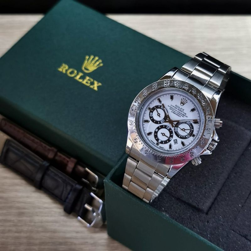Promo Paket 1Kulit+Box  Jam Tangan Pria Rolex Daytona Analog Tanggal On Tali Rantai