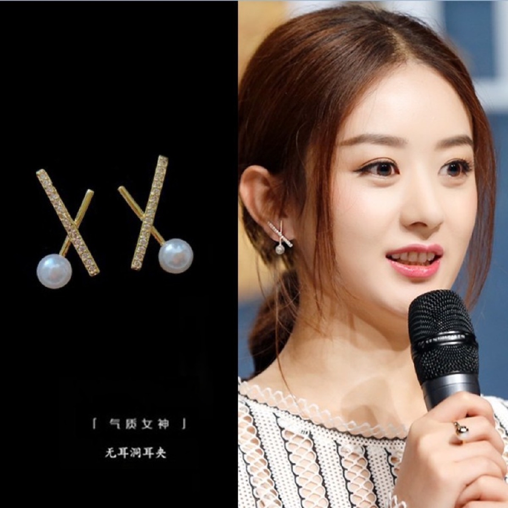 Anting Klip Tanpa Tindik Lapis Emas / Silver Model Silang Dengan Mutiara Imitasi Untuk Wanita