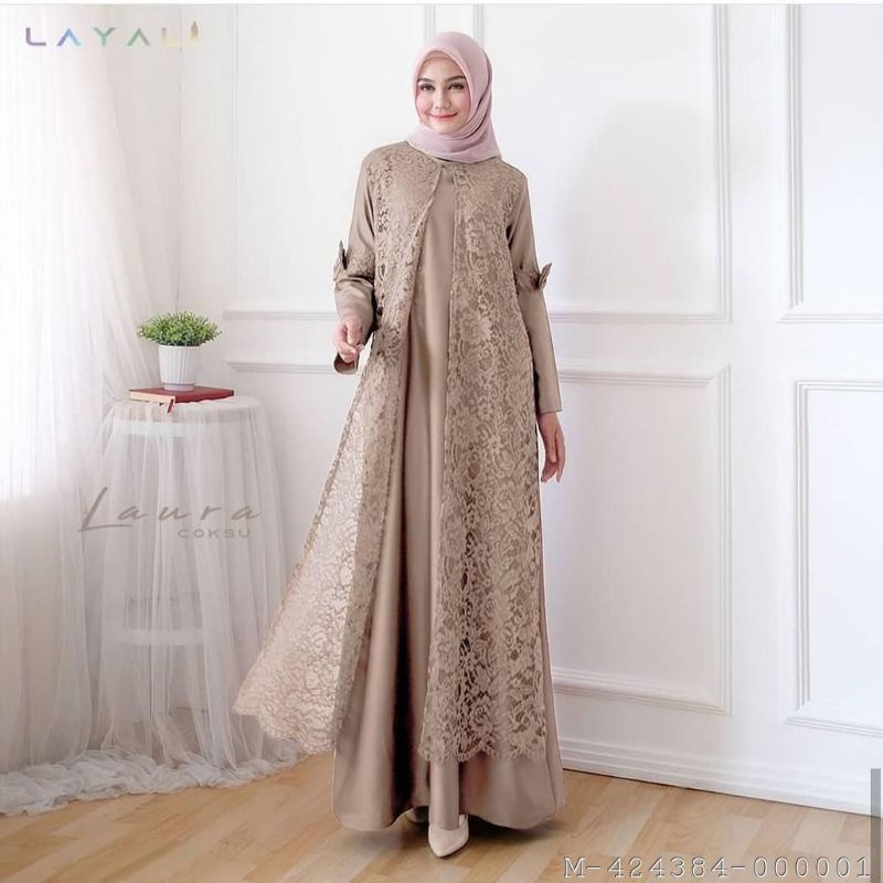 DRESS MUSLIM WANITA LAURA GAMIS BRUKAT MOSCREPE VDND-321Variasi：Navy, Grey, Mocca, Marun