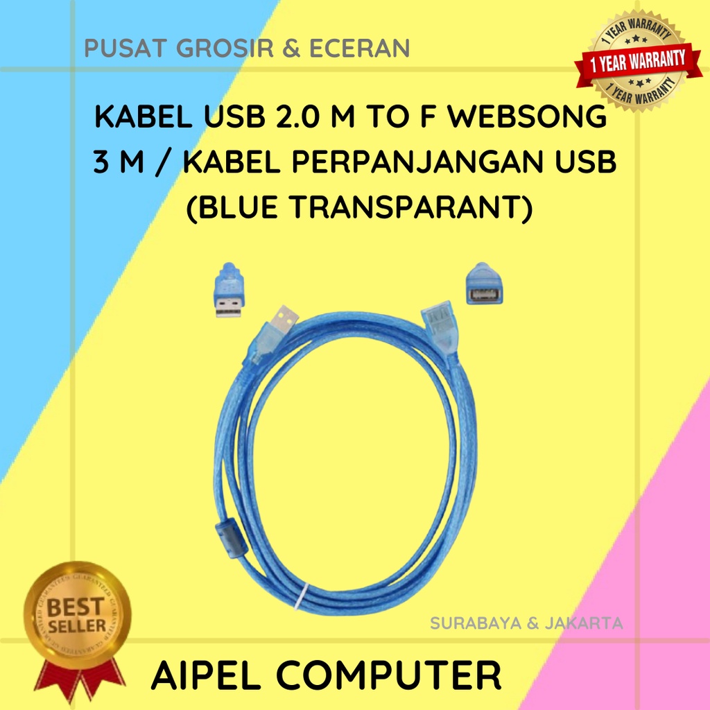 AFW3 | KABEL USB 2.0 MALE TO FEMALE WEBSONG 3 M / KABEL PERPANJANGAN USB (BLUE TRANSPARANT)