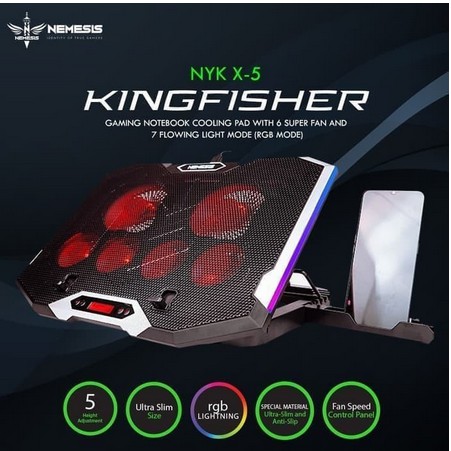 Cooling pad Cooler FAN kipas laptop Nyk X-5 Kingfisher 6 fan RGB X5 + holder hp