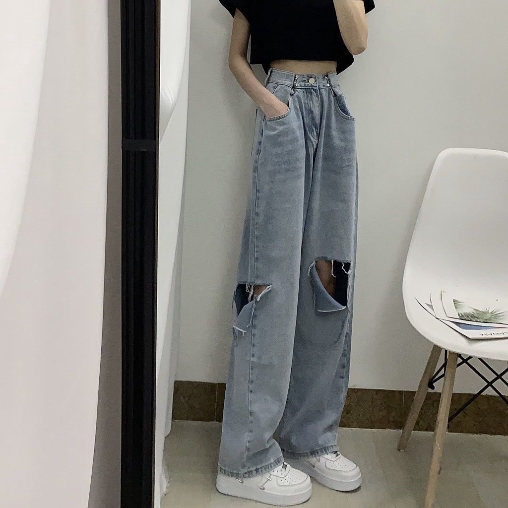 Korean New Women's Loose High Waist Wide Leg pengait celana jeans