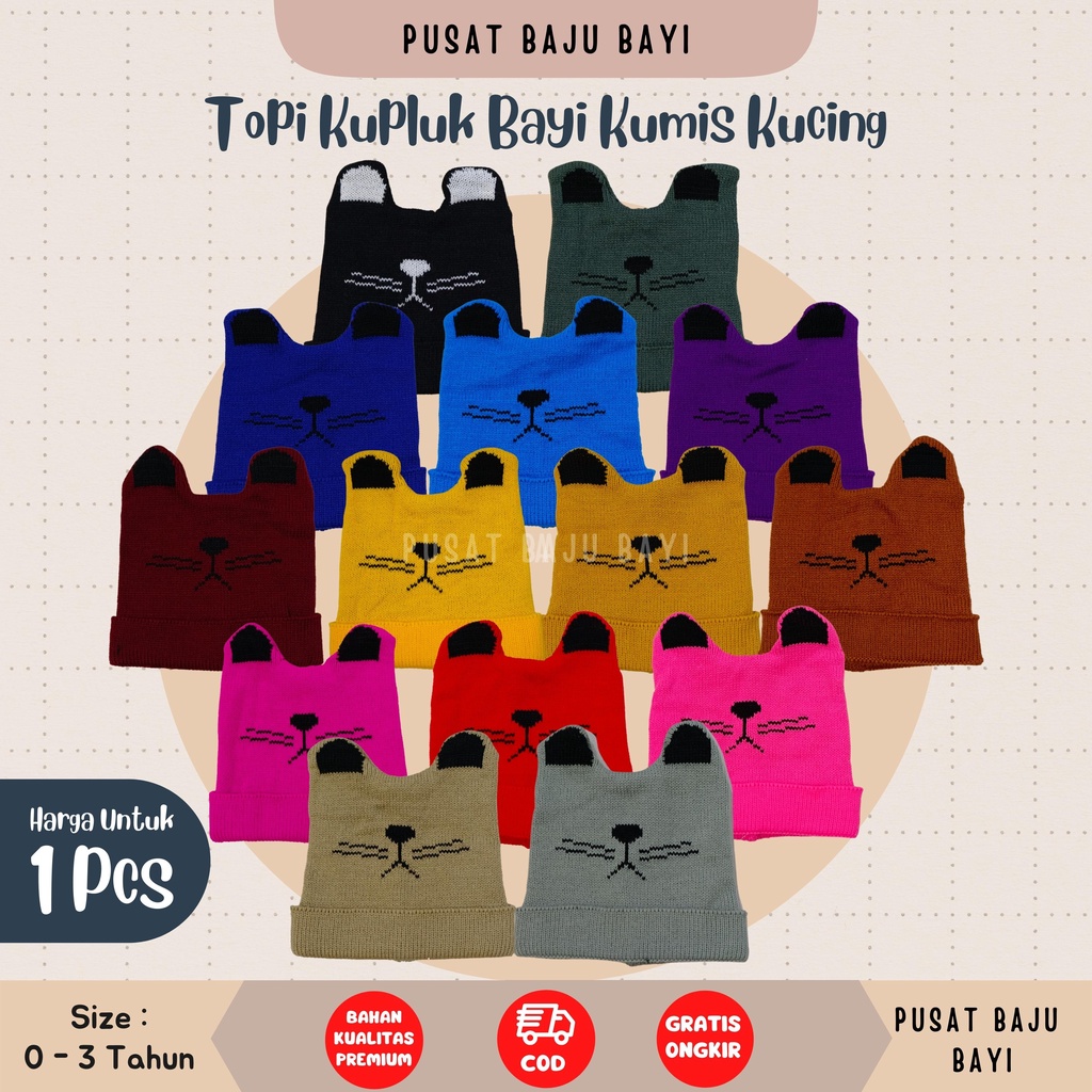 Topi Rajut Bayi Kupluk 1 sd 3 Tahun Motif Kumis Kucing