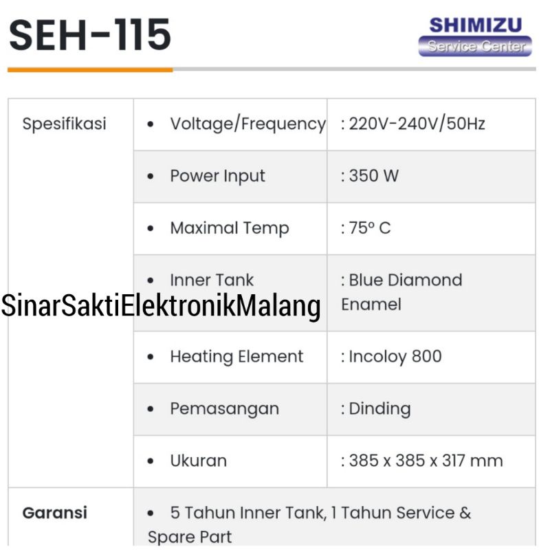 Shimizu Water Heater Listrik 15 Liter SEH 115 Pemanas Air 15L Garansi Resmi