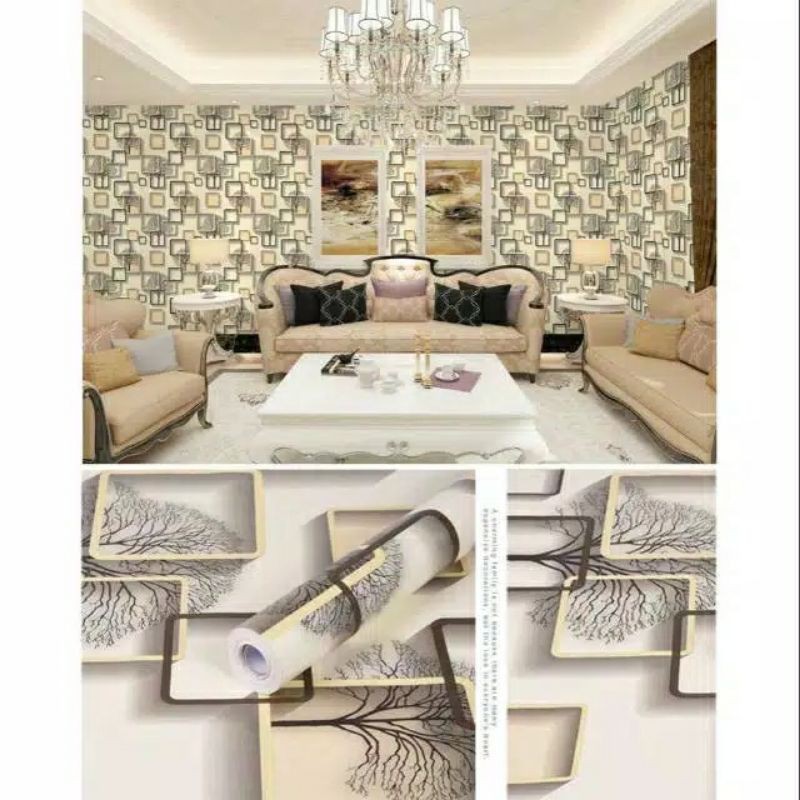 Wallpaper Sticker Dinding Motif Kotak Emas 3D Ukuran 10 Meter x 45 CM