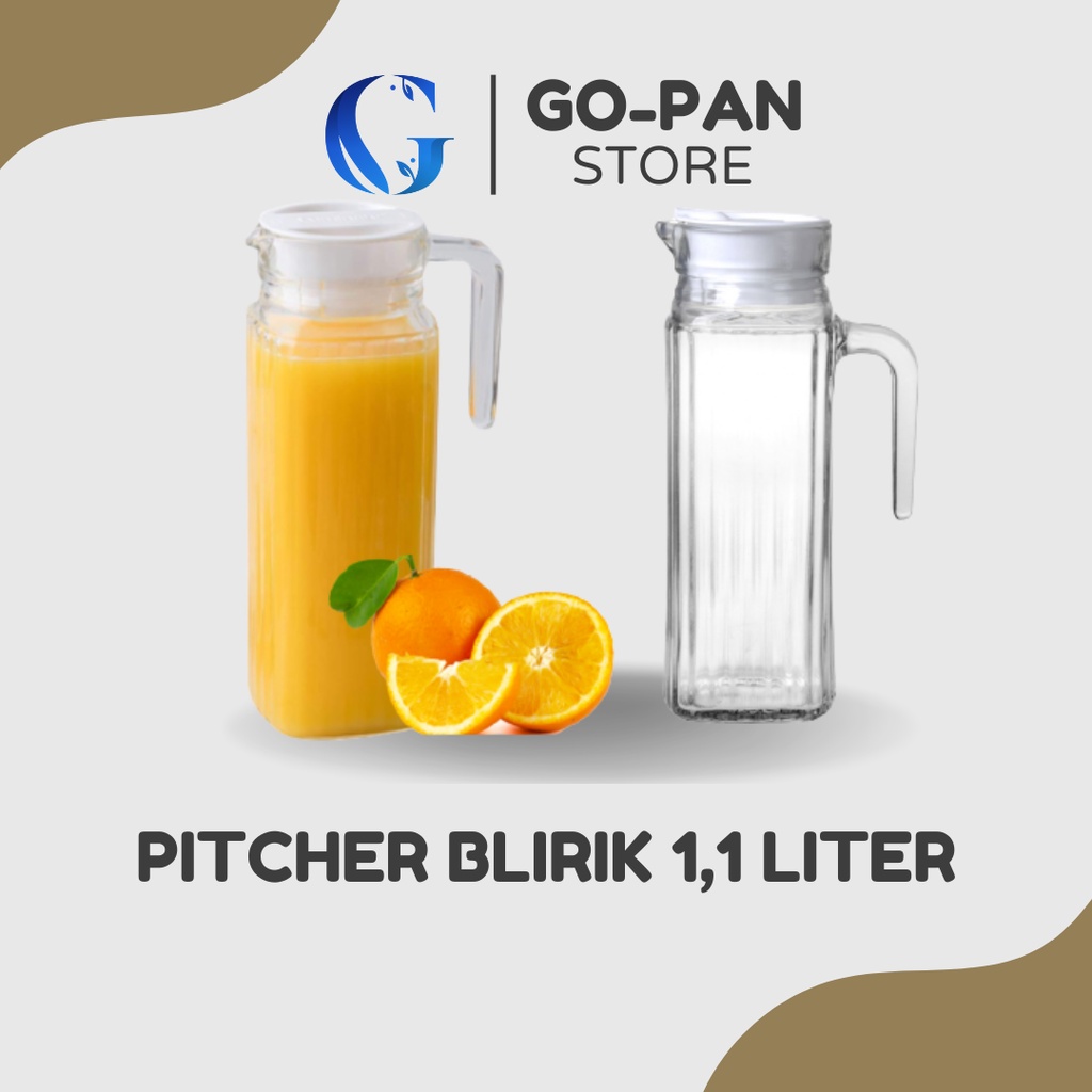 Pitcher Kaca Set 1 Liter Tutup Plastik Tahan Panas Motif Kotak Blirik