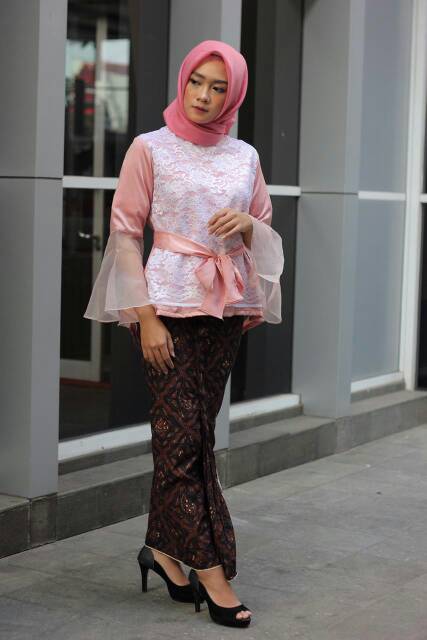 Blouse Kebaya Hijab Tulle Brokat Wanita Softpink Putih M L XL XXL