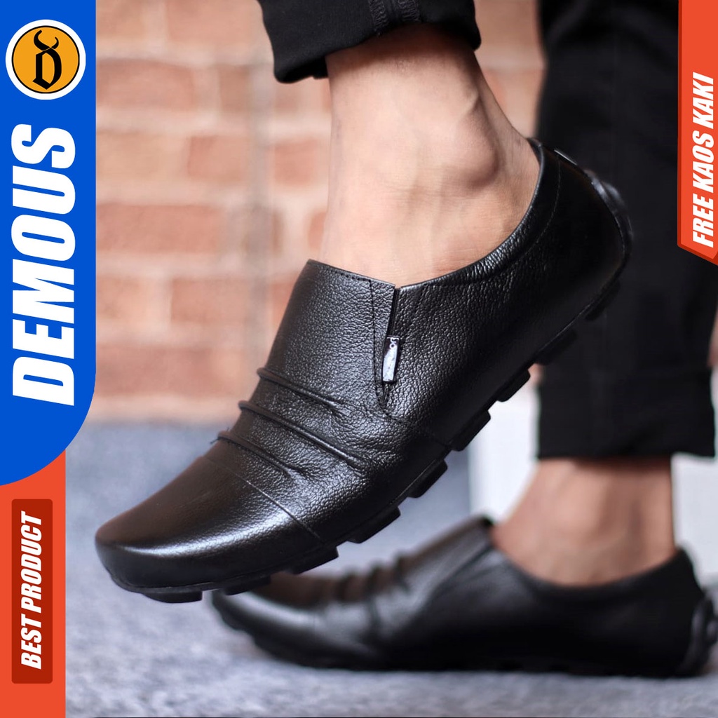 DEMOUS FOLD Sepatu Casual Formal Pantofel Kerja Kantor Pria Kulit Asli Hitam