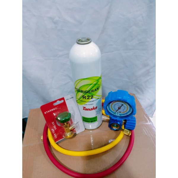 Paket pengisian Freon r22 tanaka(manifold siglass +can tap 339+selang r22 2 pcs+freon r22 1kg)