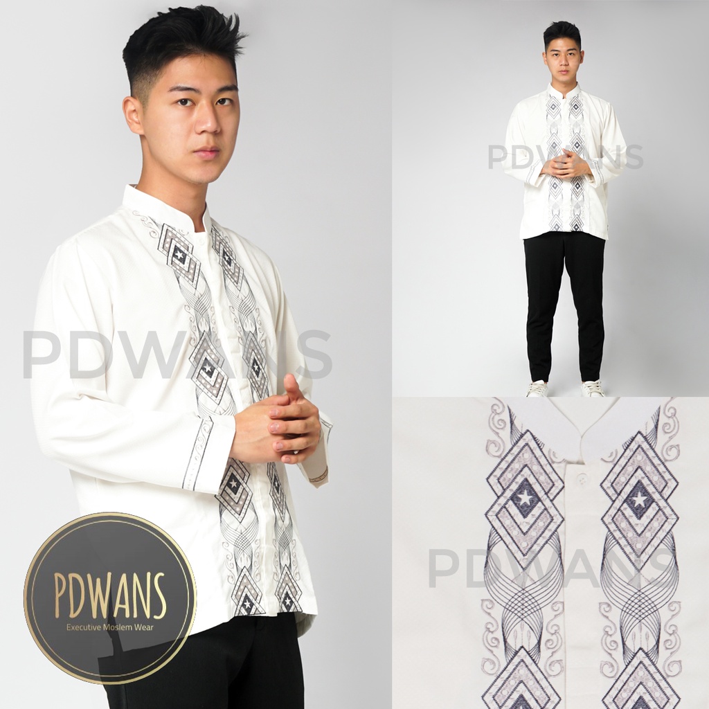 Baju Koko Lengan Panjang Putih Kemeja Koko Muslim Bordir M L XL PDWANS - BMTPJG38