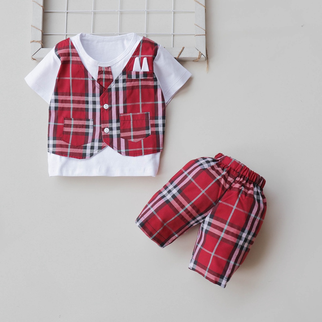 Setelan Baju Celana Anak Bayi Laki-laki Cowok Usia 0 Bulan - 3 Tahun Motif Rompi Dasi Burberry 02