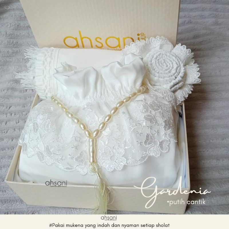 GARDENIA AHSANI MUKENA PUTIH CANTIK MUKENA 2IN1 MUKENA HANTARAN CANTIK RENDA TILE BORDIR