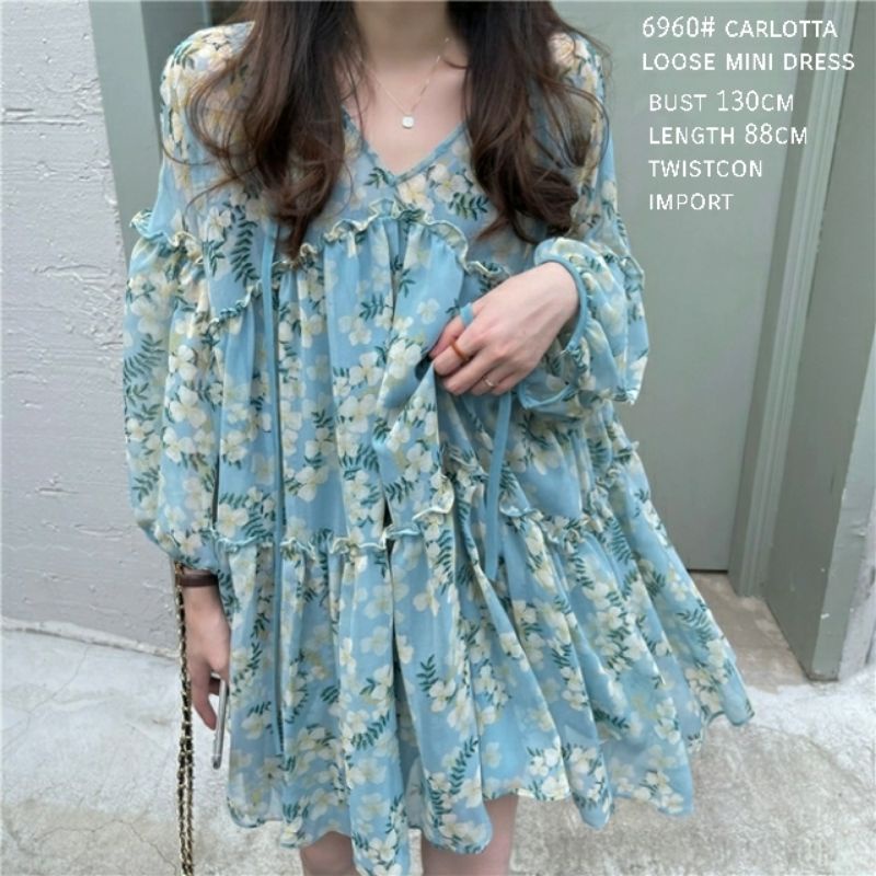 MDLV ~ 6960# Carlotta Loose Mini Dress Babydoll Dress Bigsize Blue Flower Fashion Import