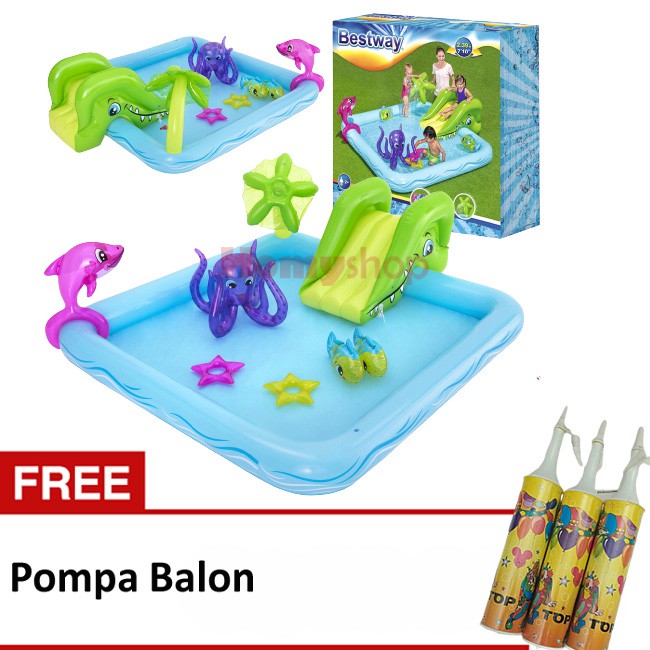 Kolam Renang Anak Perosotan Merk Bestway / Kolam Renang Anak Jumbo 53052 Uk.2.39m Free Pompa Balon